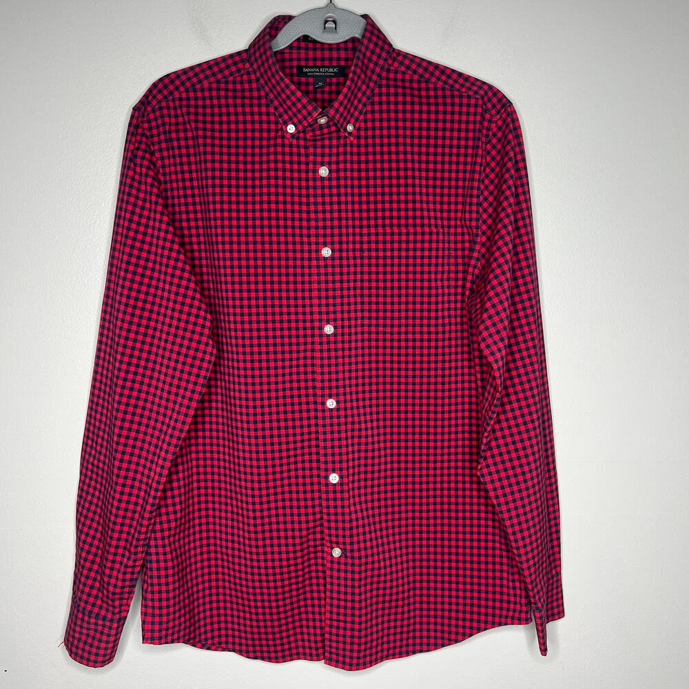 Banana Republic Slim Flex Fit Button Down Tech Stretch Cotton Mens M Check Plaid